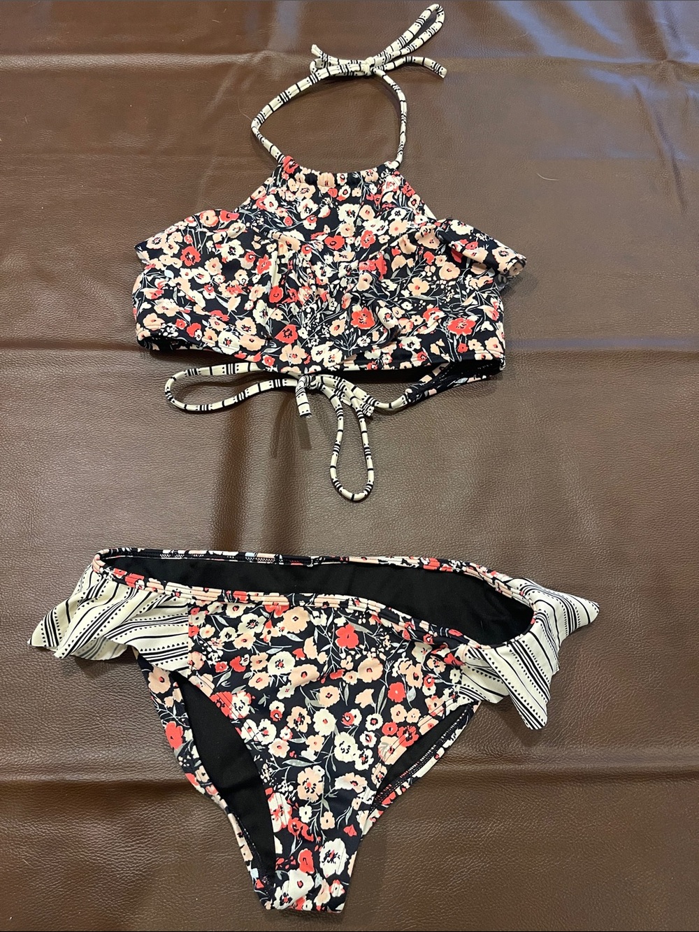 Floral High-Neck Ruffle Bikini Set in black with Coral Accents